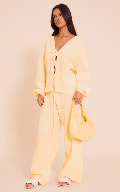 Petite Lemon Cheesecloth Textured Wide Leg Pant