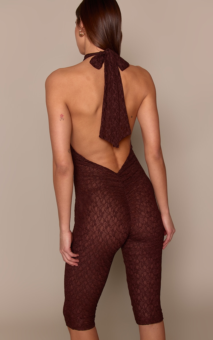 Chocolate Lace High Neck Ruched Back Capri Jumpsuit image 2