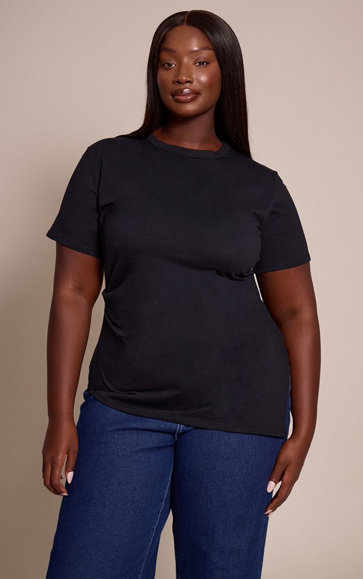 Plus Black Cotton Ruched Side Asymmetric Hem T-shirt image 1