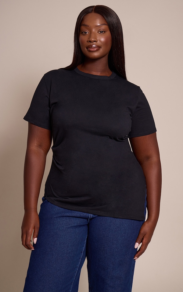 Plus Black Cotton Ruched Side Asymmetric Hem T-shirt