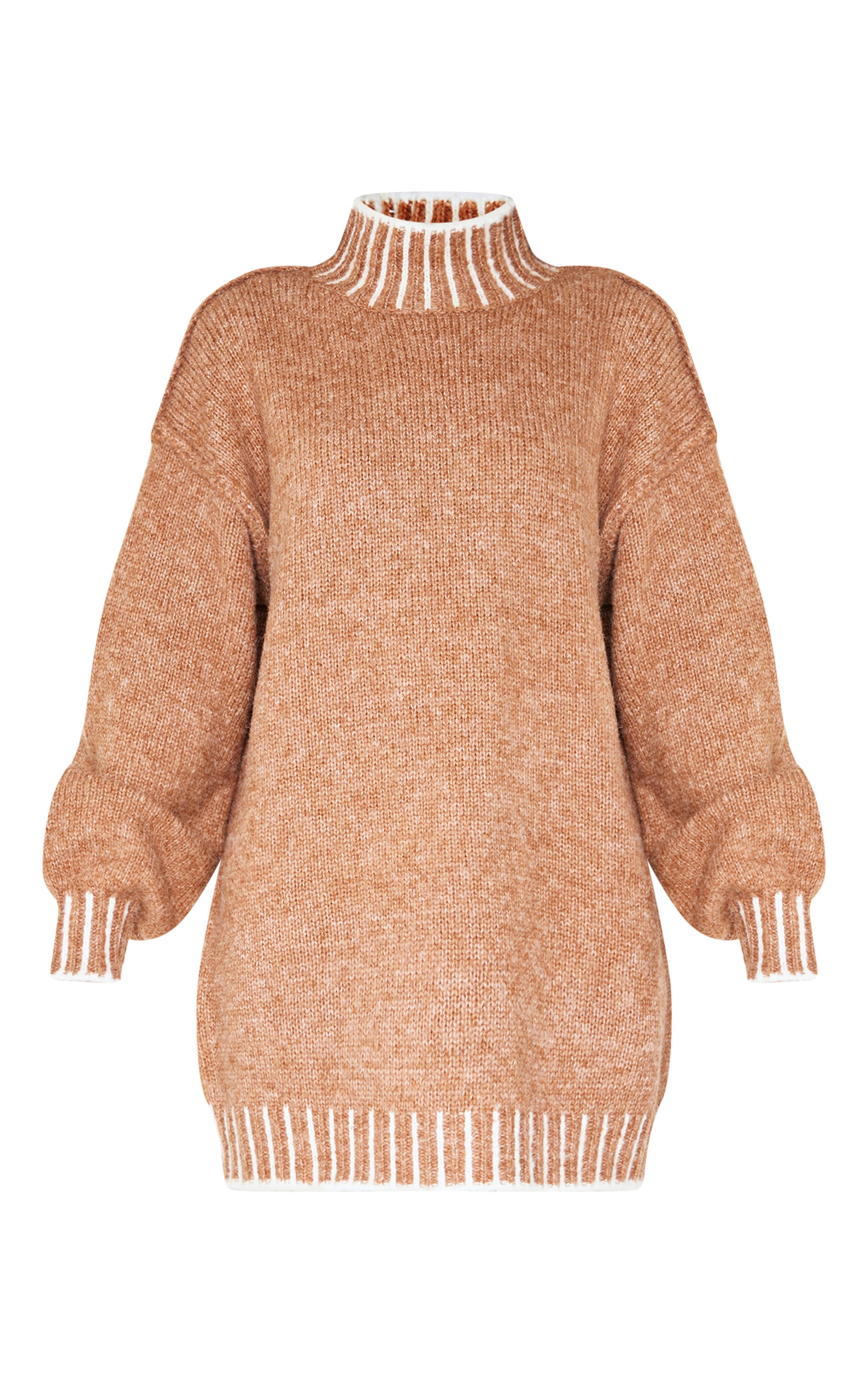Mocha Contrast Stitch Knitted High Neck Oversized Jumper Dress image 5