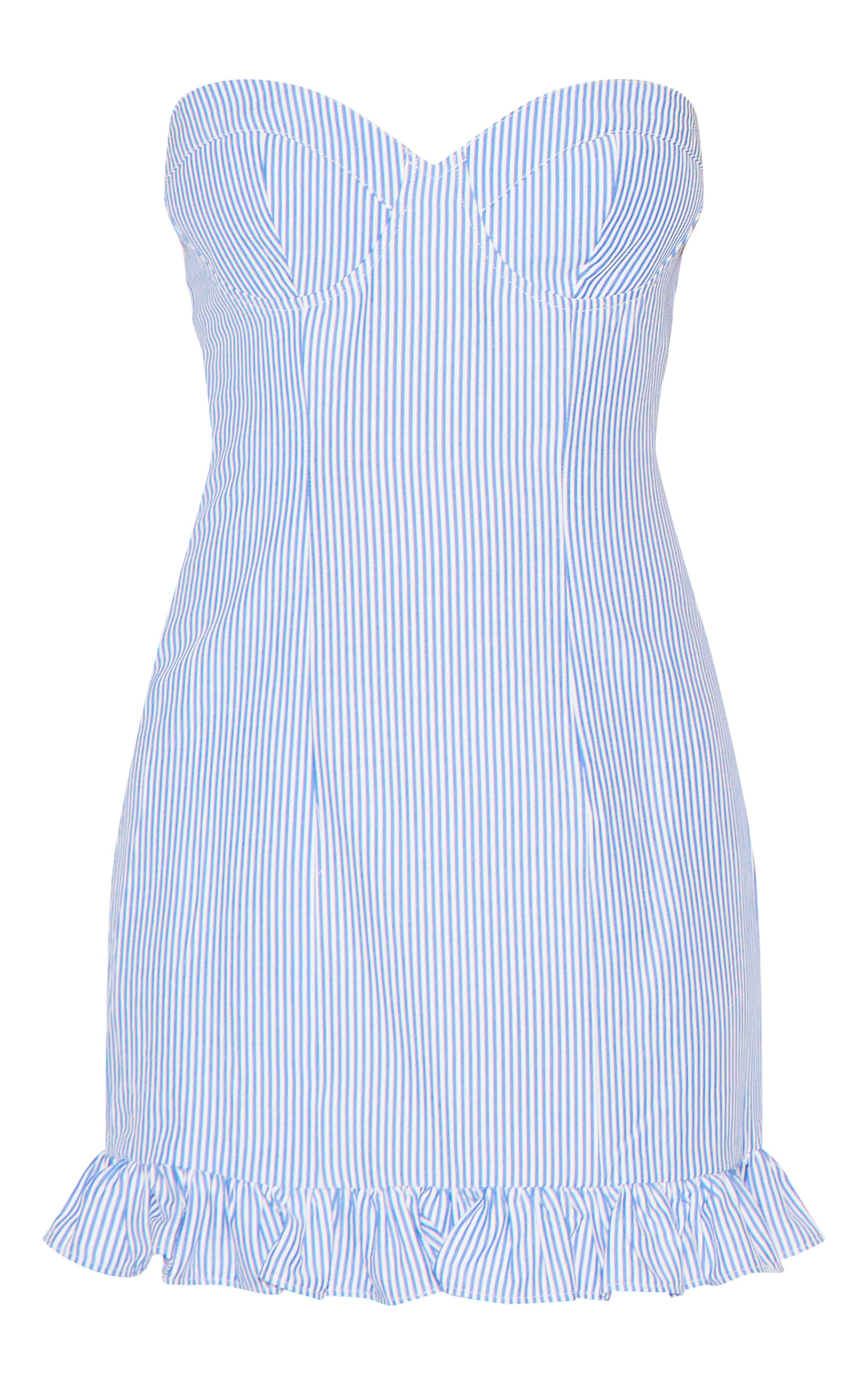 Robe bustier droite bleue à fines rayures et ourlet volanté image 5