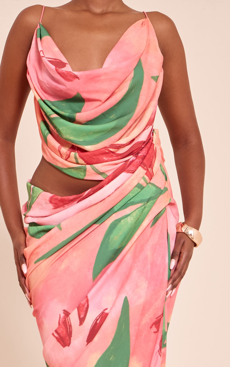 Orange Floral Chiffon Drape Cut Out Midaxi Dress image 4