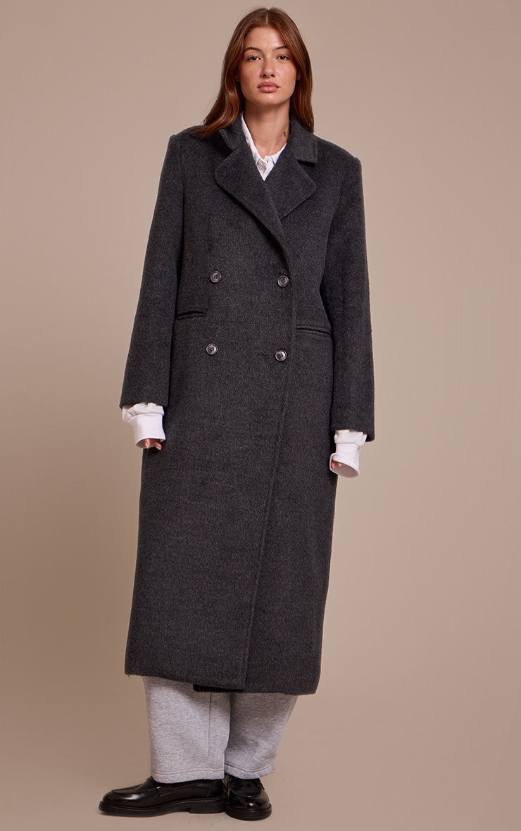 Dark Grey Structured Double Breasted Wool Look Maxi Coat image 3