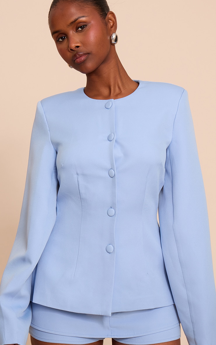 Powder Blue Woven Cinched Waist Cocoon Sleeve Button Up Blazer image 4