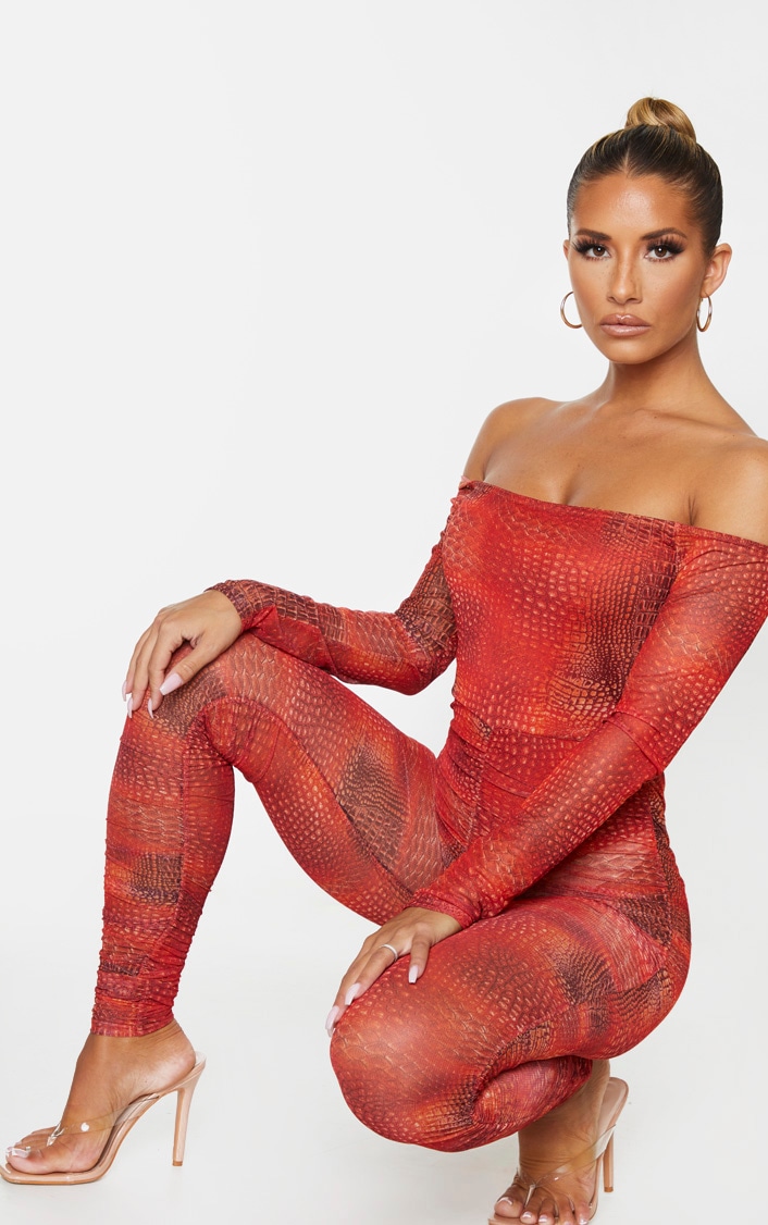 Orange Croc Mesh Bardot Ruched Jumpsuit