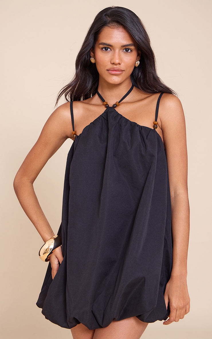 Black Halterneck Bead Detail Puffball Dress image 1