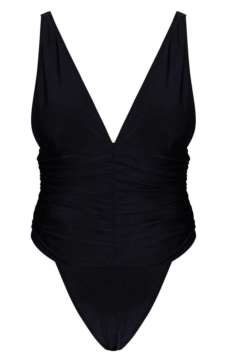 Maillot de bain échancré noir froncé sur la taille à décolleté plongeant image 5