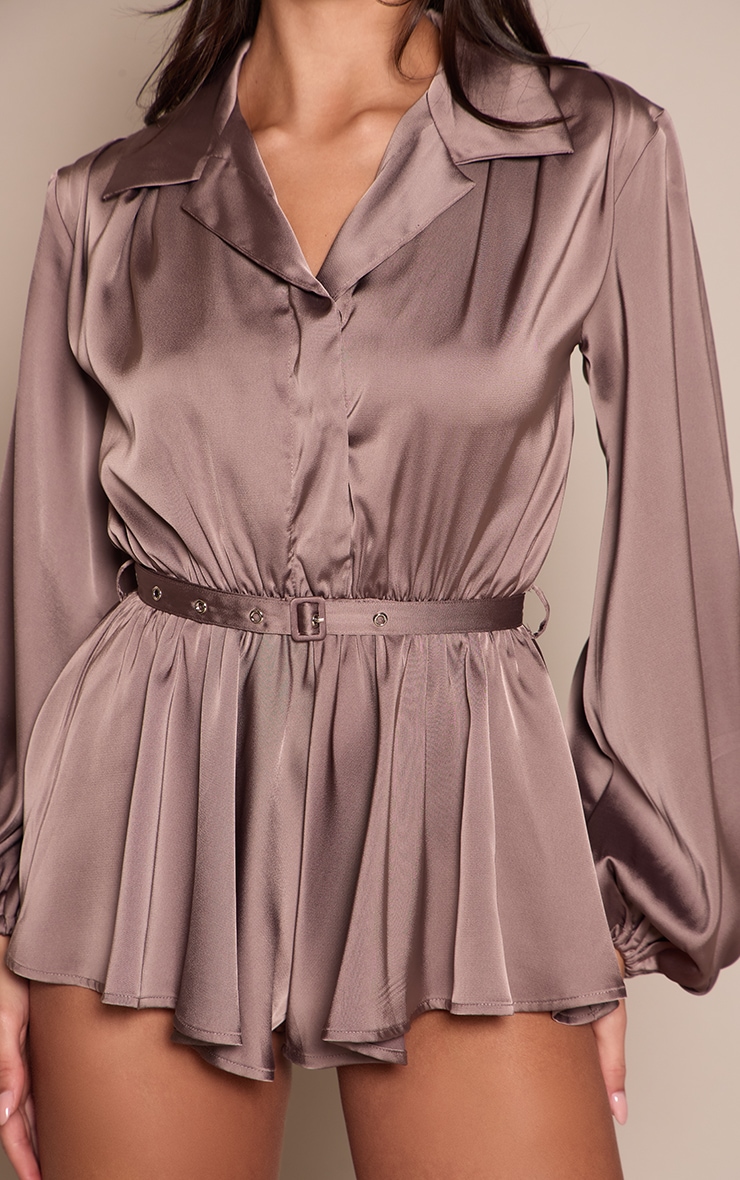 Mocha Satin Long Sleeve Belt Detail Playsuit image 4
