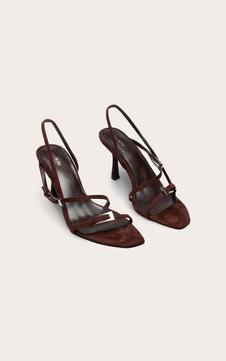 Chocolate Faux Suede Angled Toe Silver Buckle Detail Heeled Sling Back image 3