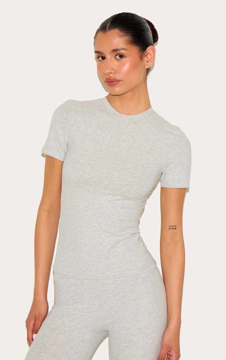 Tall Ash Grey Marl Sculpt Longline Short Sleeve Gym Top image 1