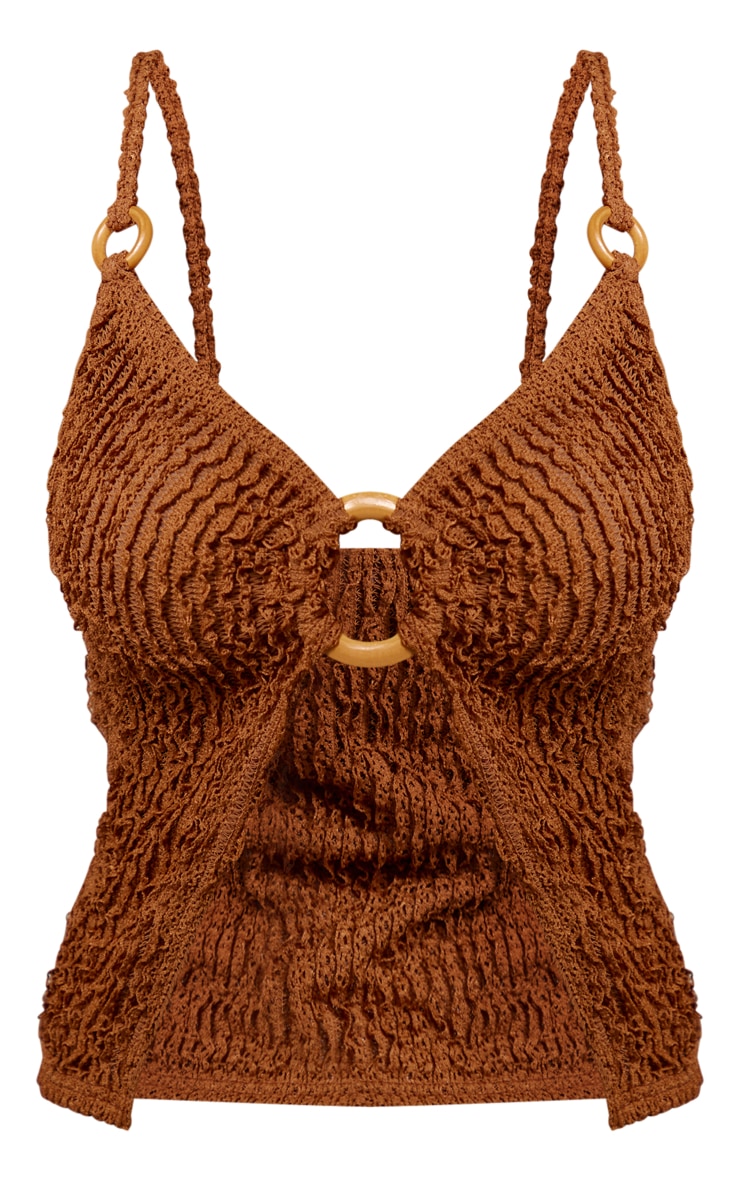 Brown Knit Look Textured Jersey Ring Detail Crop Top image 5