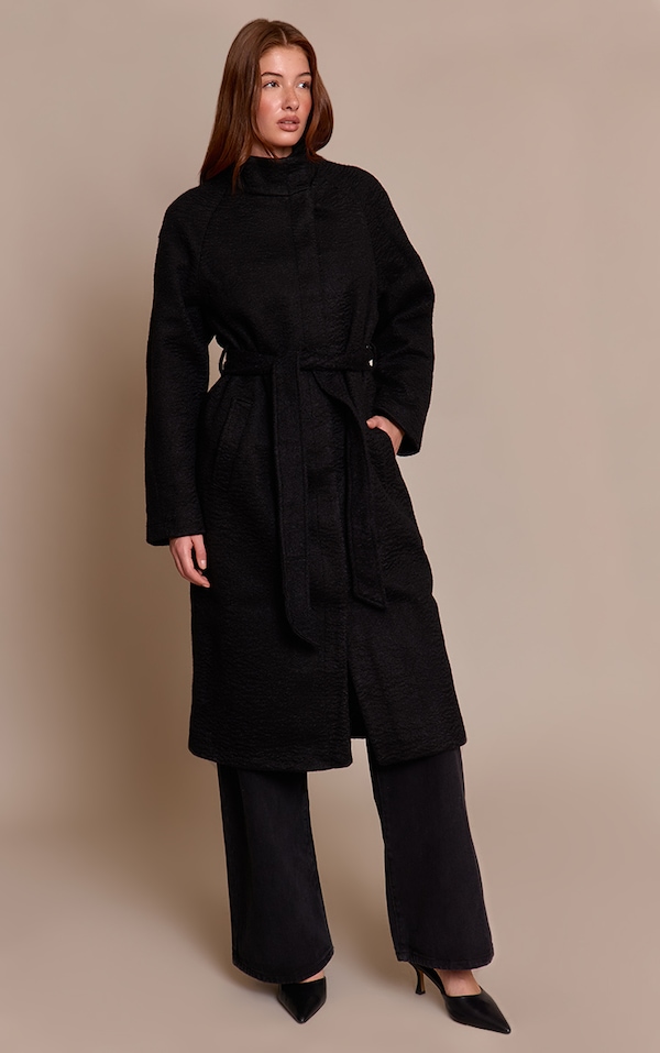 Black High Neck Tie Waist Wool Look Maxi Coat