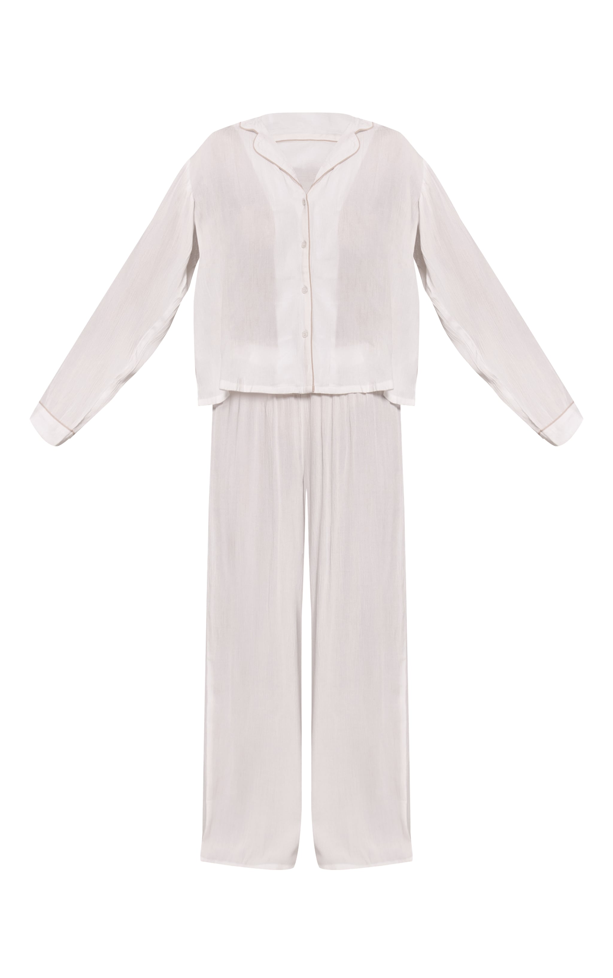 White Contrast Piping Crinkle Long Pj Set image 5