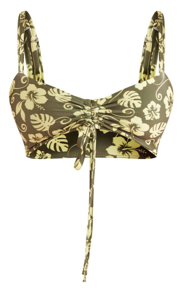 Khaki Flower Print Ruched Front Bikini Top image 5
