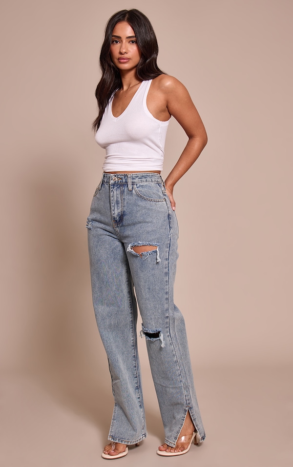 Petite Bleach Wash Ripped Split Hem Jeans