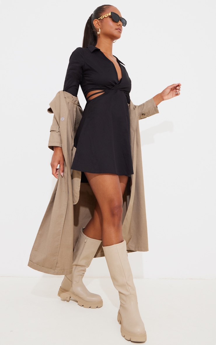 Black Woven Cut Out Wrap Tie Shirt Dress