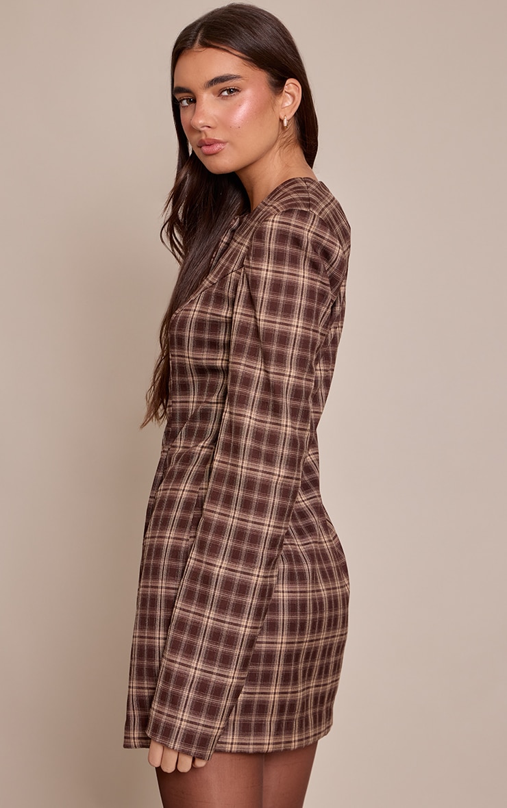 Brown Check Shoulder Pad Blazer Dress image 2