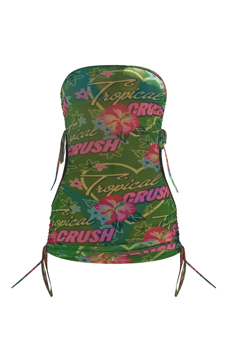 Green Tropical Print Ruched Bandeau Cut Out Bodycon Dress image 5