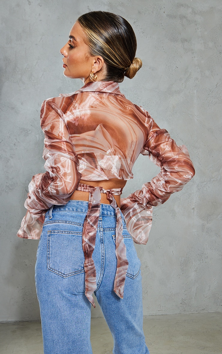 Brown Print Organza Wrap Crop Shirt image 2