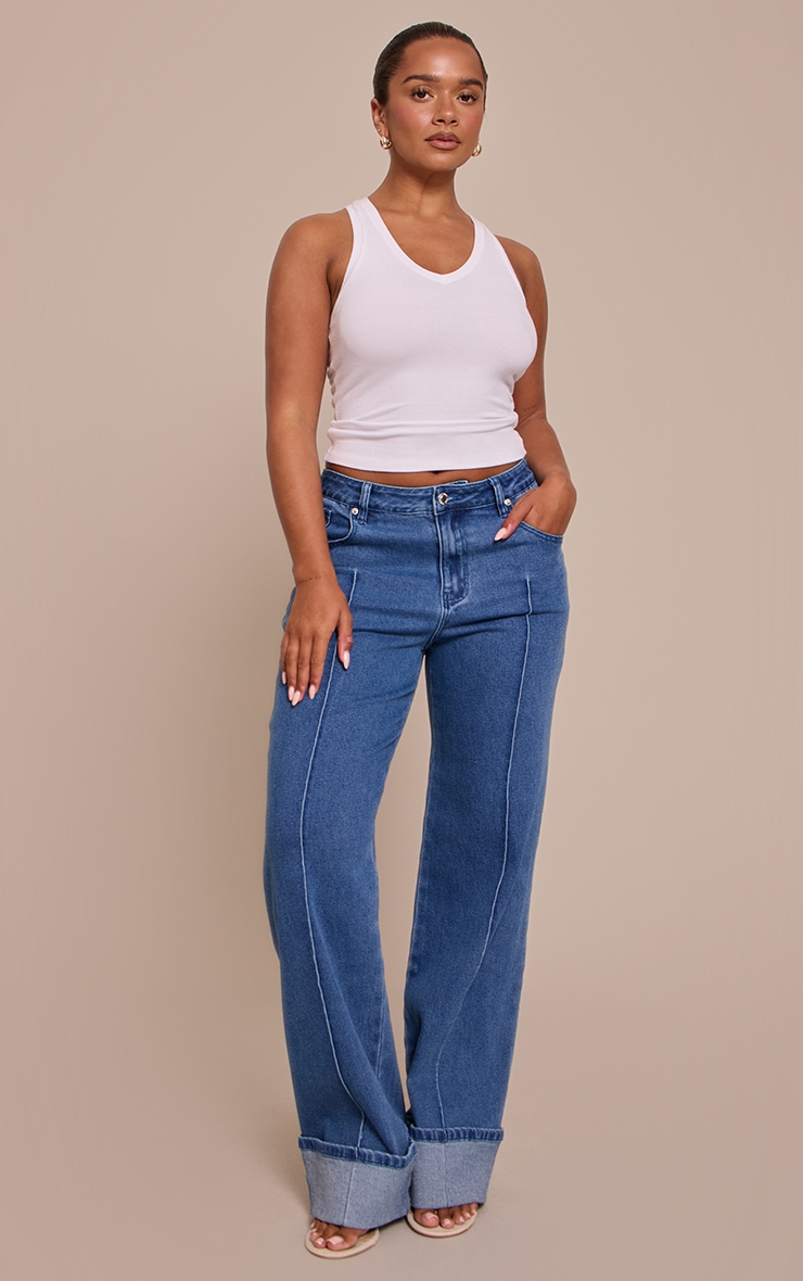 Shape Dark Blue Highwaisted Stretch Denim Pintuck Turn Up Hem Wide Leg Jeans image 2
