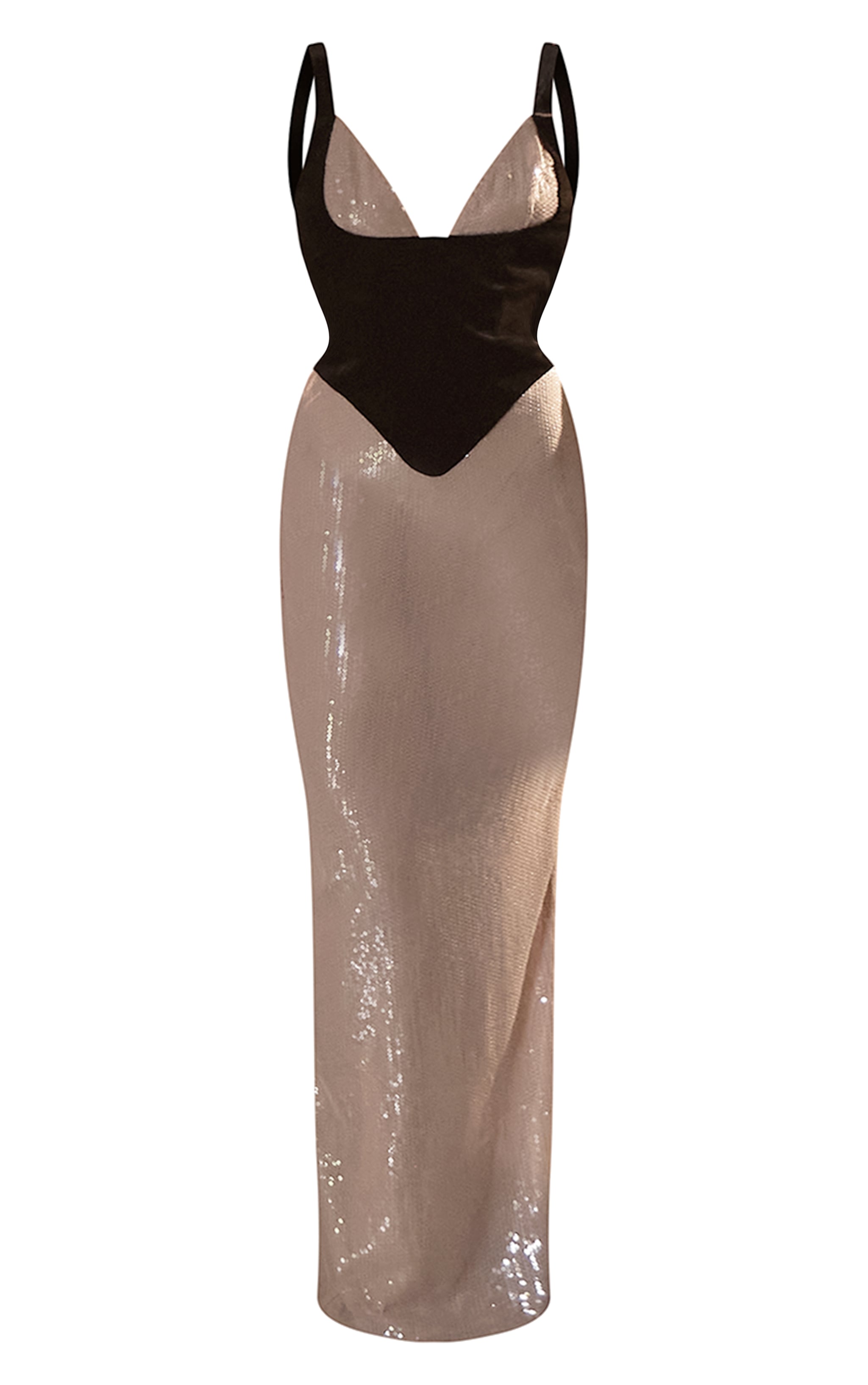 PLT Label Robe longue nude à sequins et partie corset en velours contrastante image 5