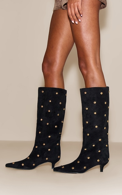 Black Suede Gold Dome Stud Kitten Heeled Boots