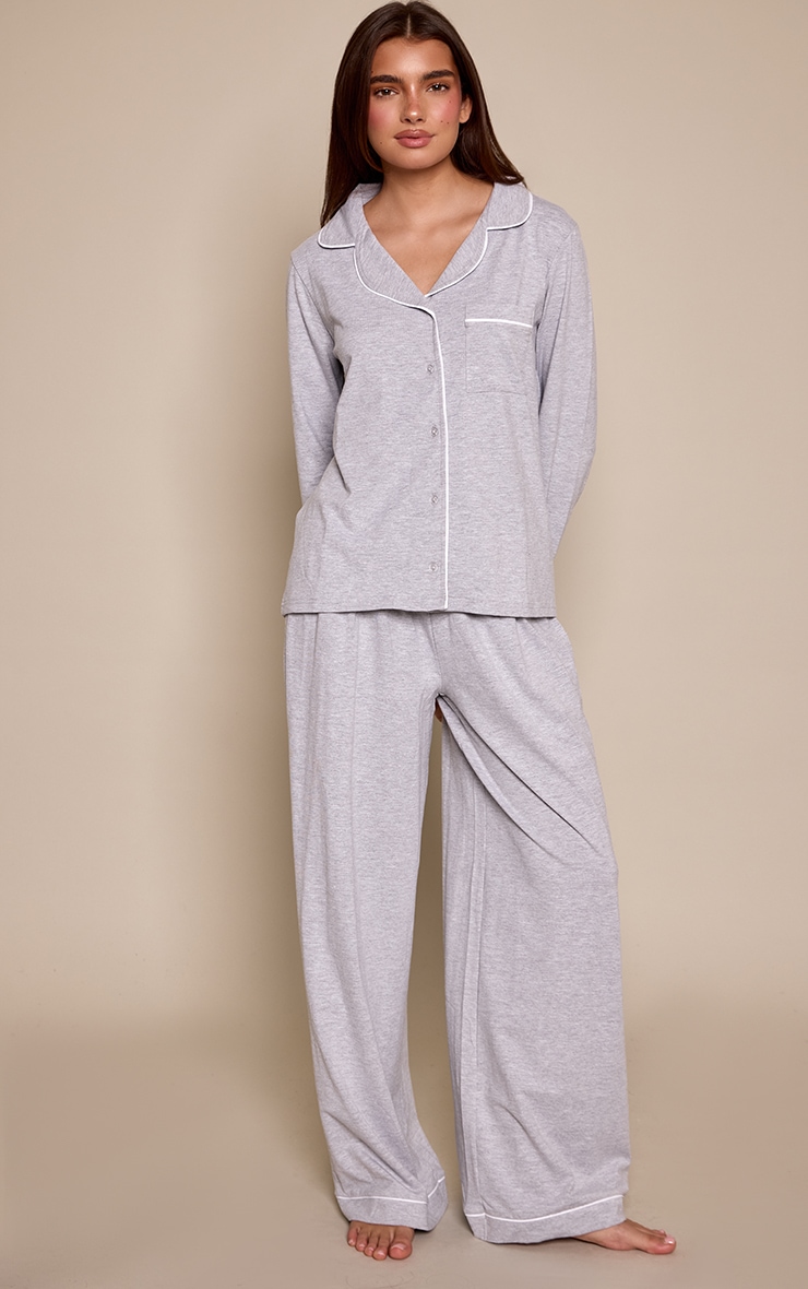 Grey Marl Soft Jersey Piping Long Sleeve and Trouser PJ Set