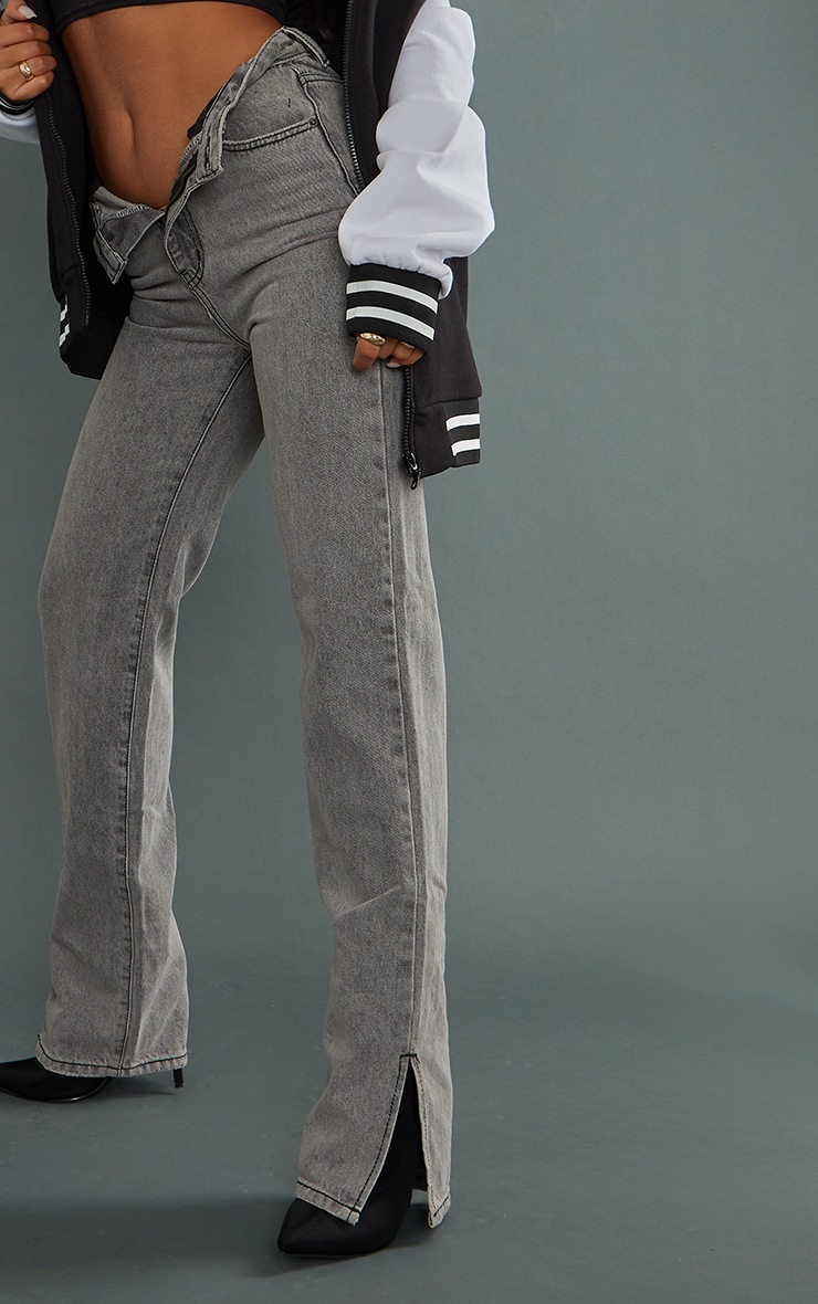 Washed Grey Split Hem Straight Leg Jeans | PrettyLittleThing USA