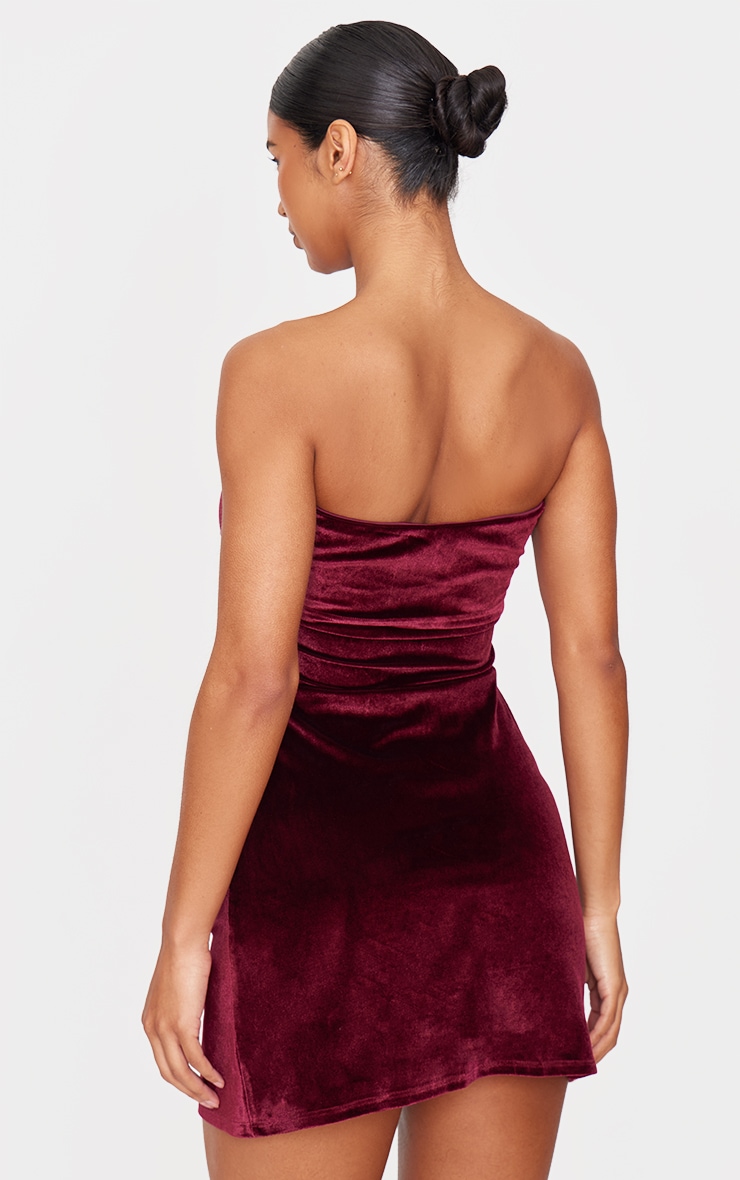 Burgundy Velvet Bandeau Fold Over Mini Dress image 2