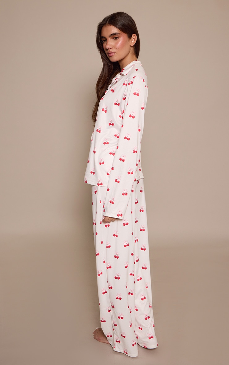 Cream Heart Cherry Print Long Sleeve Button Through Pj Set image 2