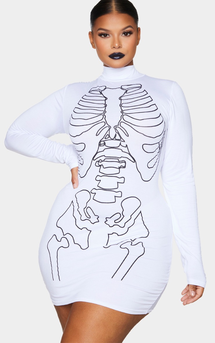 Plus White Skeleton Print Bodycon Dress