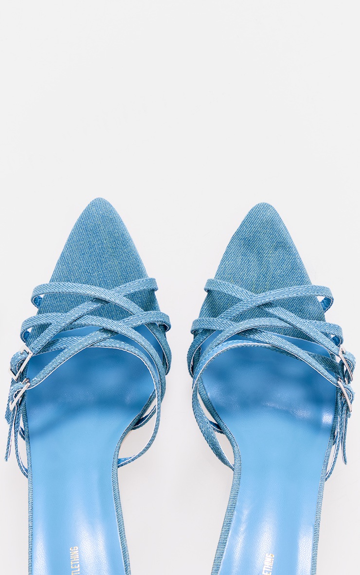 Indigo Denim Wide Fit Point Toe Criss Cross Buckle Strap Heeled Mules image 4