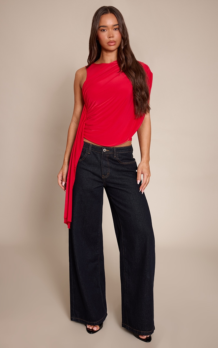 Red Slinky Drape Detail Longline Top  image 3