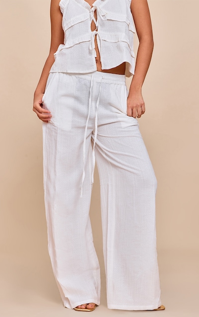 White Textured Mid Rise Wide Leg Pants