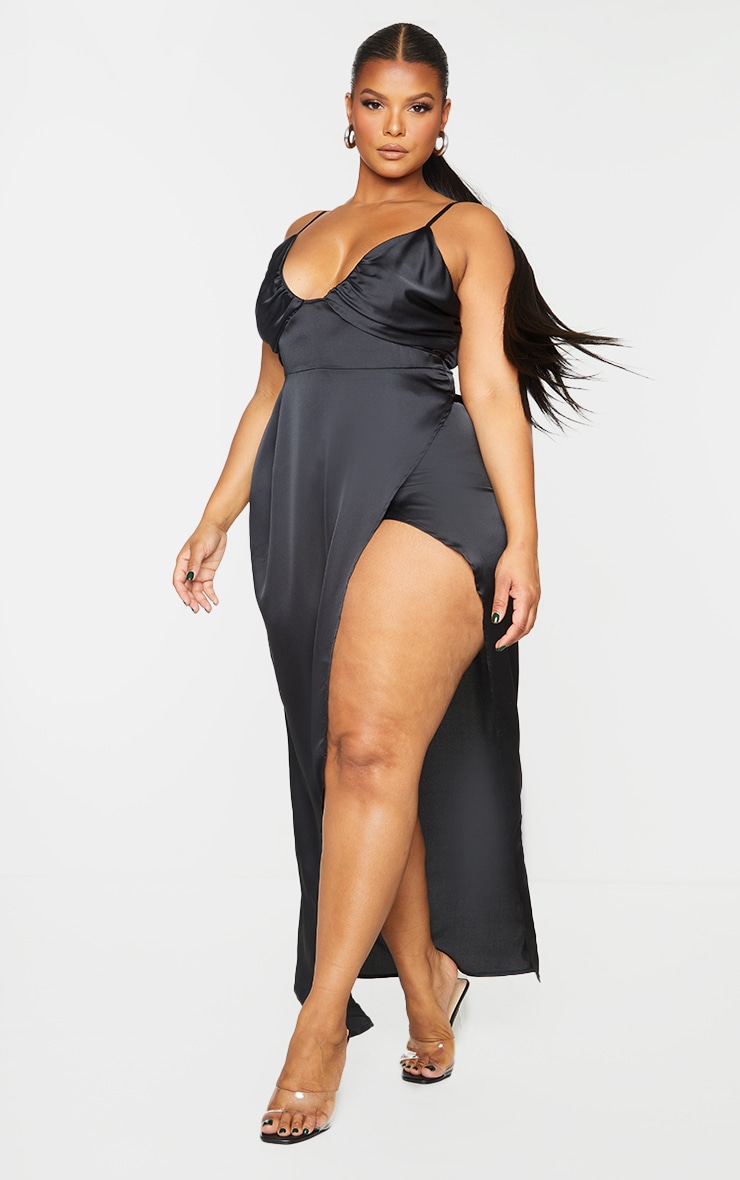 Plus Black Ruched Cup Split Leg Satin Maxi Dress