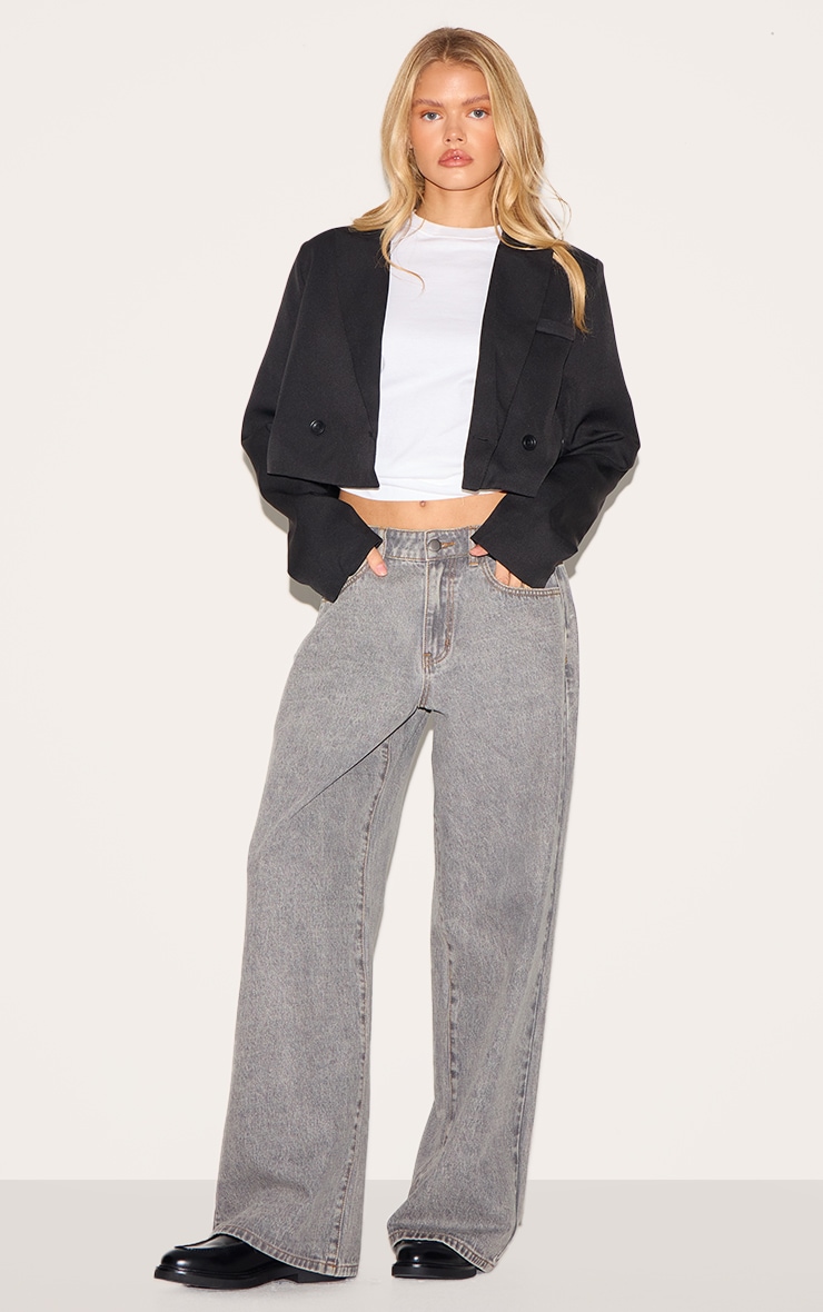 Black Woven Cropped Shoulder Padded Blazer image 3