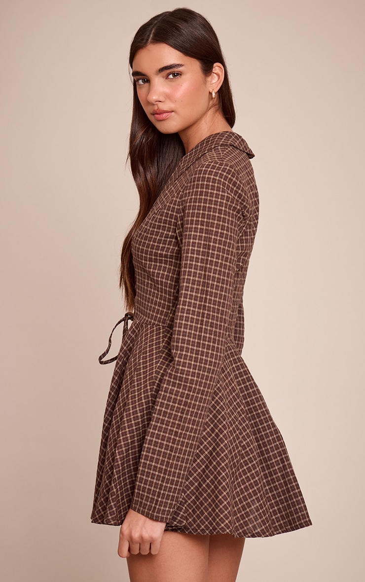 Brown Check Lace Up Long Sleeve Shift Dress image 2