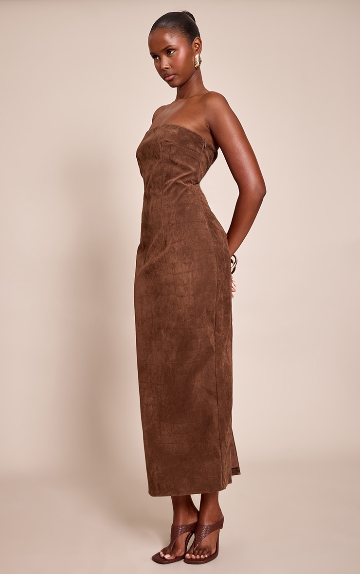 Chocolate Faux Suede Bandeau Bodycon Midaxi Dress image 3