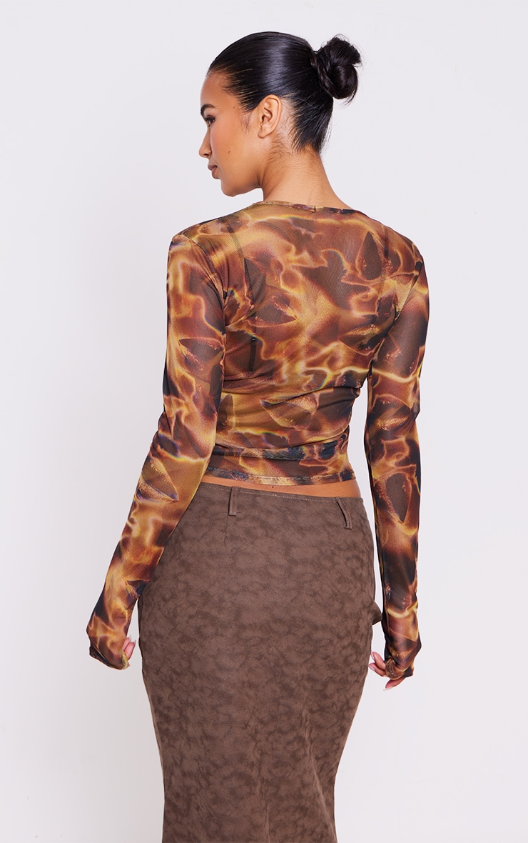 Brown Mesh Printed Long Sleeve Top image 2