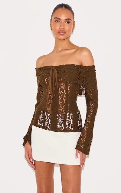 Chocolate Fitted Lace Flared Sleeve Bardot Top