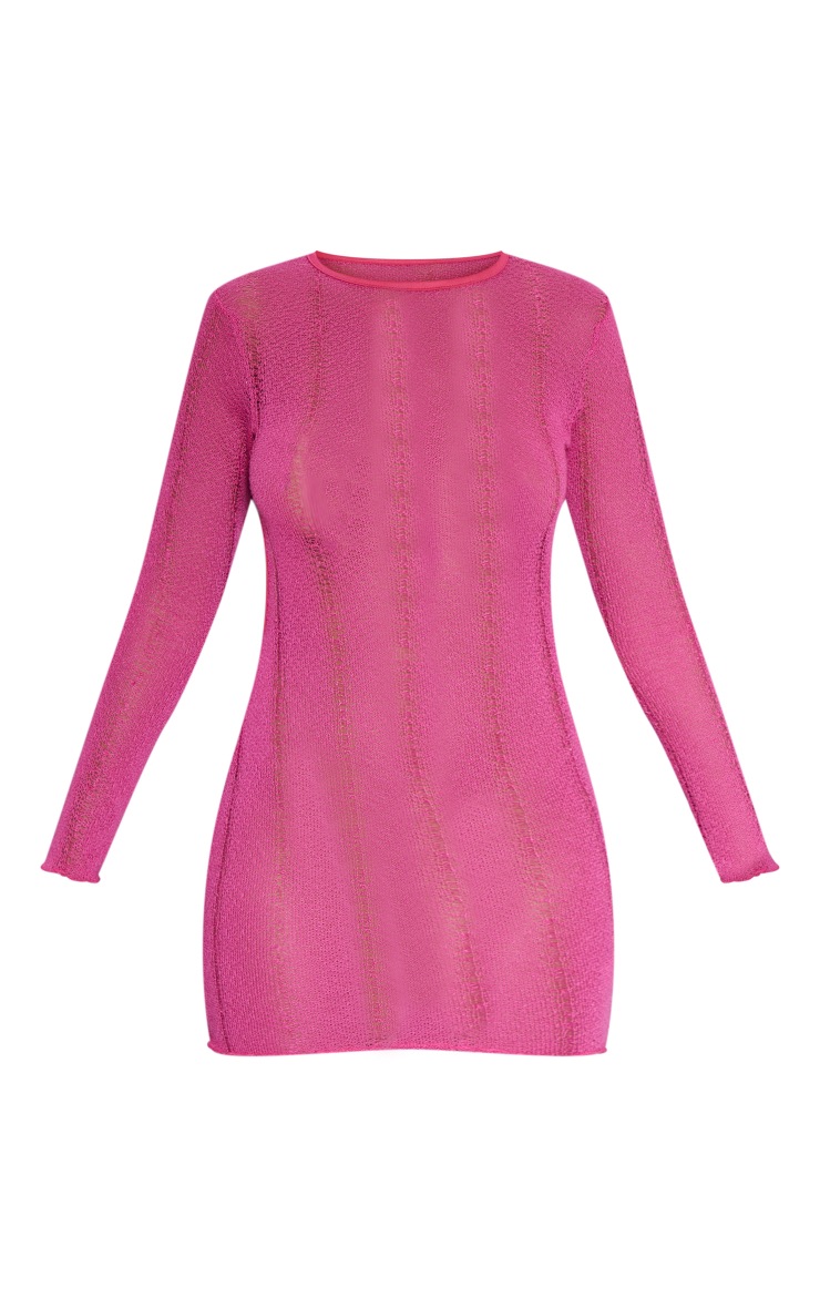 Pink Distressed Sheer Backless Long Sleeve Bodycon Dress image 5