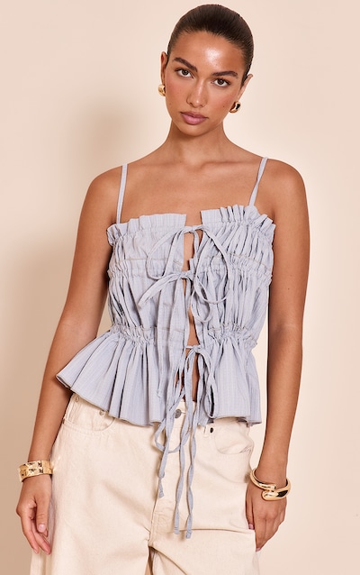 Sky Blue Textured Ruffle Detail Strappy Tie Front Cami Top