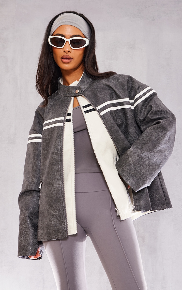 Petite Grey Faux Leather Biker Jacket