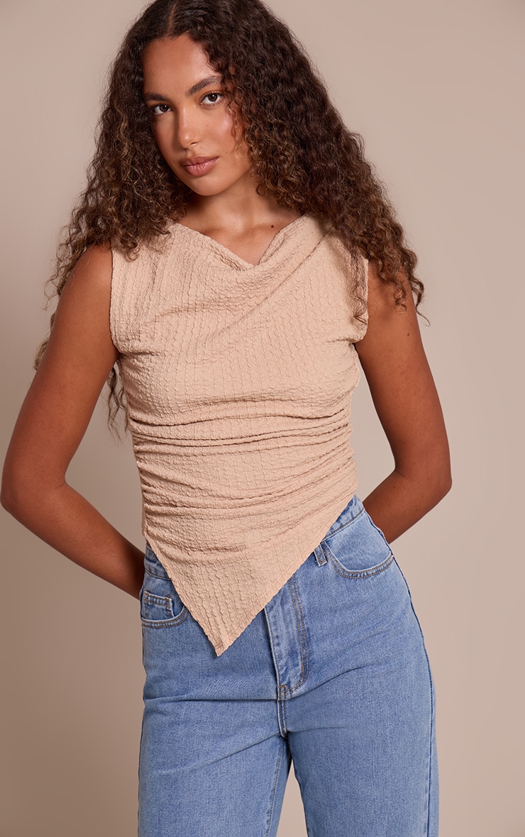 Tall Stone Textured Slouchy Dip Hem Off Shoulder Top