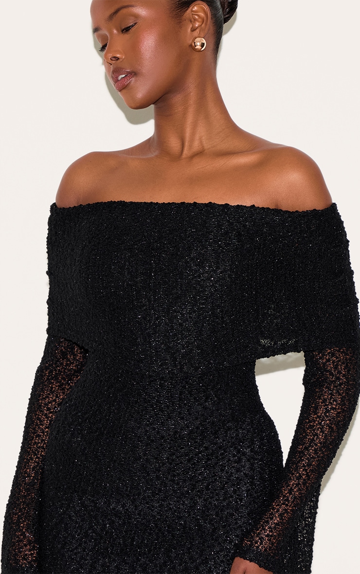 Black Textured Bardot Flare Long Sleeve Mini Dress image 4