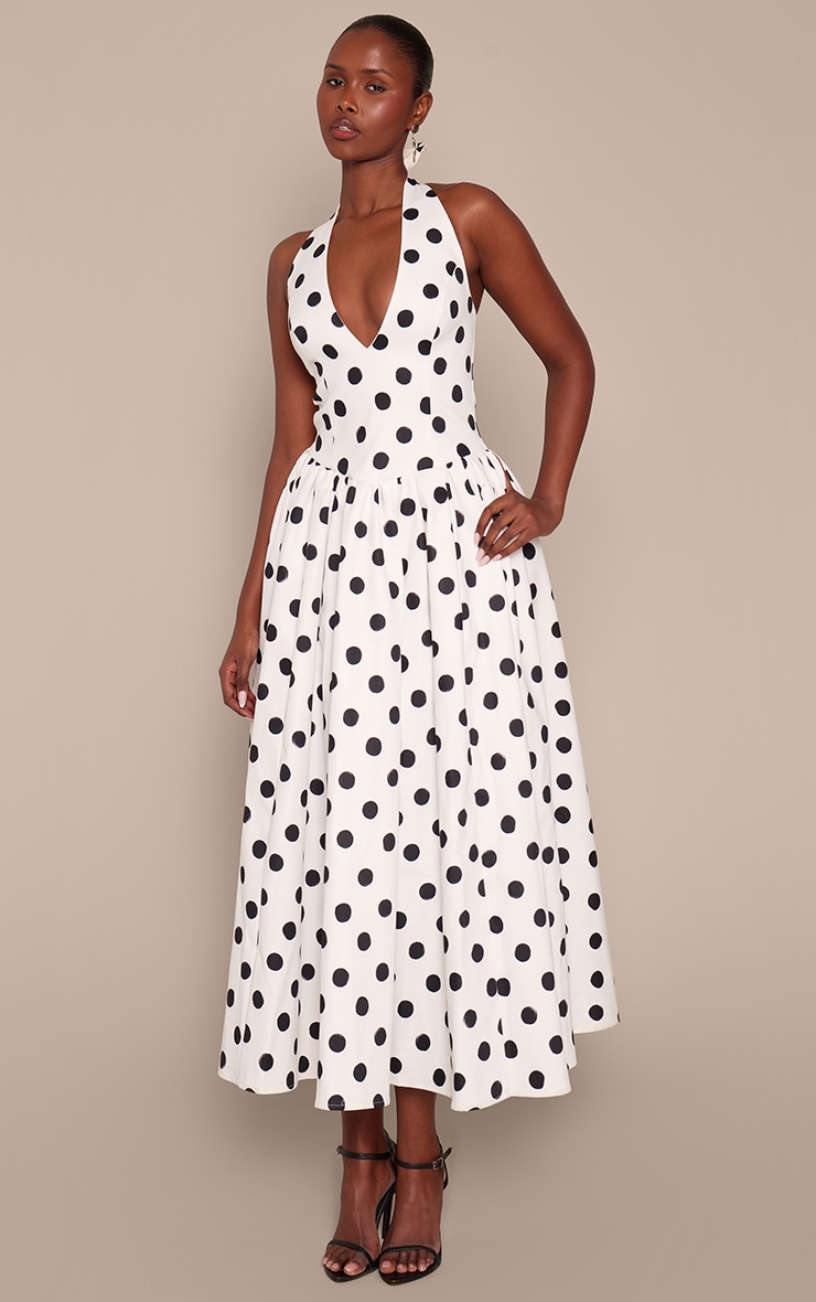 Monochrome Polka Dot Halterneck Tie Detail Ruched Midaxi Dress image 1