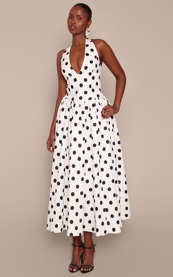Monochrome Polka Dot Halterneck Tie Detail Ruched Midaxi Dress