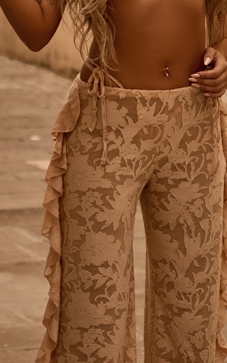 Pantalon large taille basse transparent gris pierre imprimé fleurs à ourlet volanté image 4