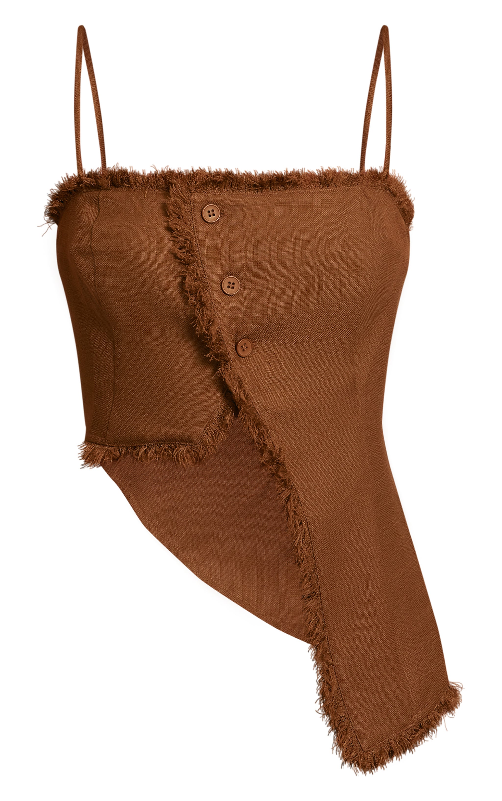 Chocolate Textured Woven Raw Hem Button Through Asymmetric Hem Top image 5